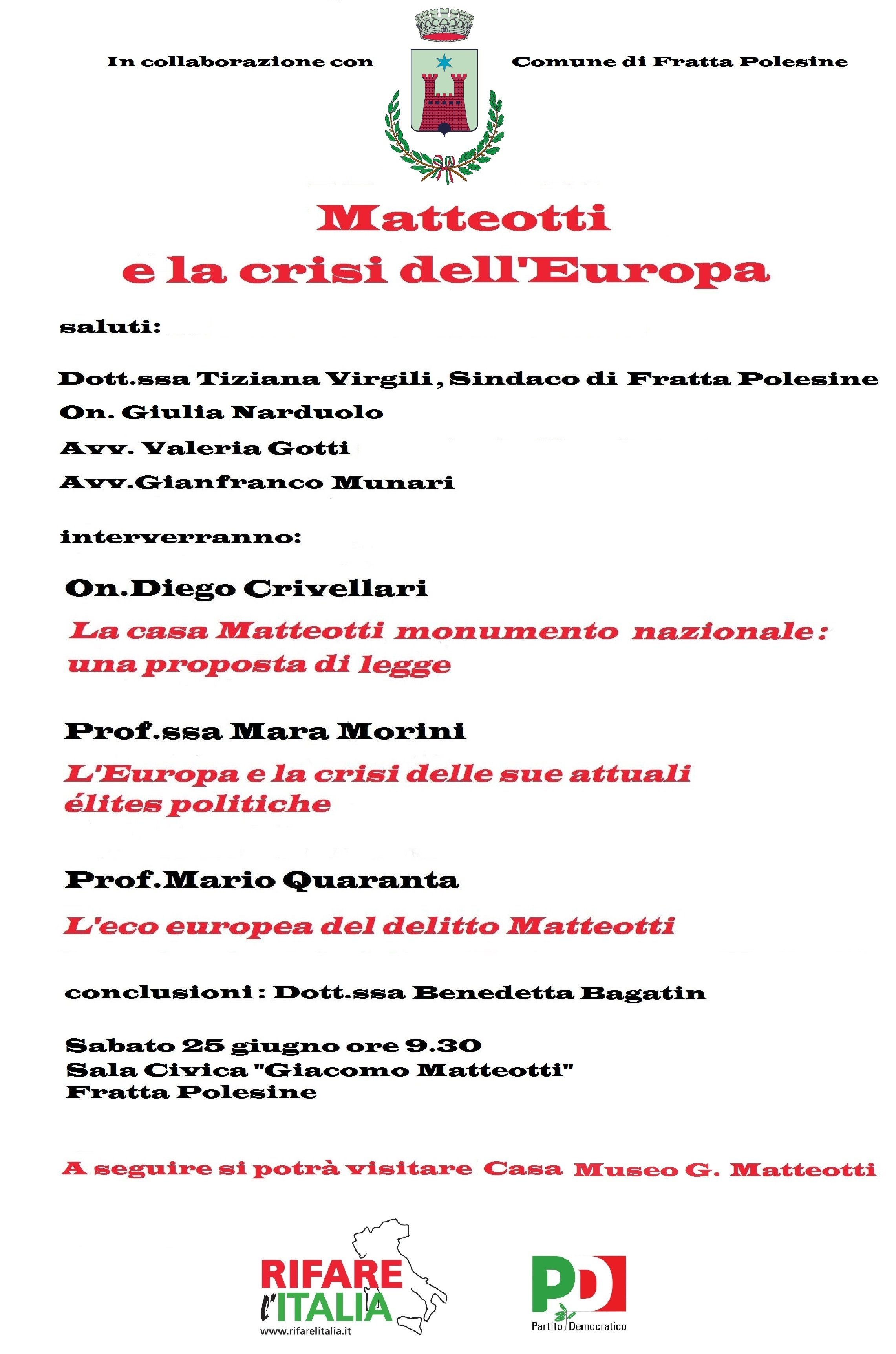 Al momento stai visualizzando Fratta Polesine iniziativa del 25 giugno Matteotti e la crisi dell’Europa