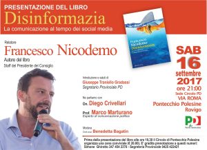 Scopri di più sull'articolo Pontecchio Polesine – Sabato 16 settembre Francesco Nicodemo presenta il libro “Disinformazia. La comunicazione al tempo dei social media.”